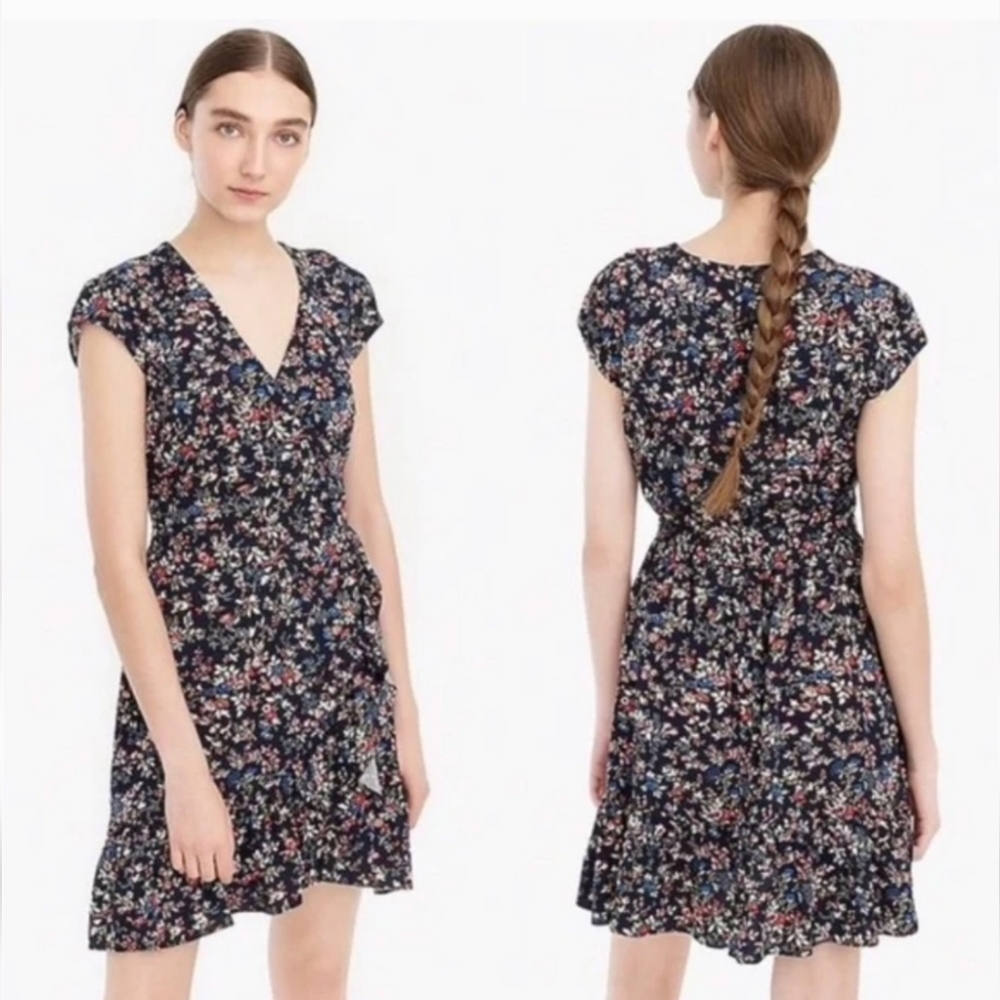 J.Crew Ruffle-front Mini Faux Wrap Dress in Tapestry Blue Floral Size 10 Medium - Picture 3 of 15